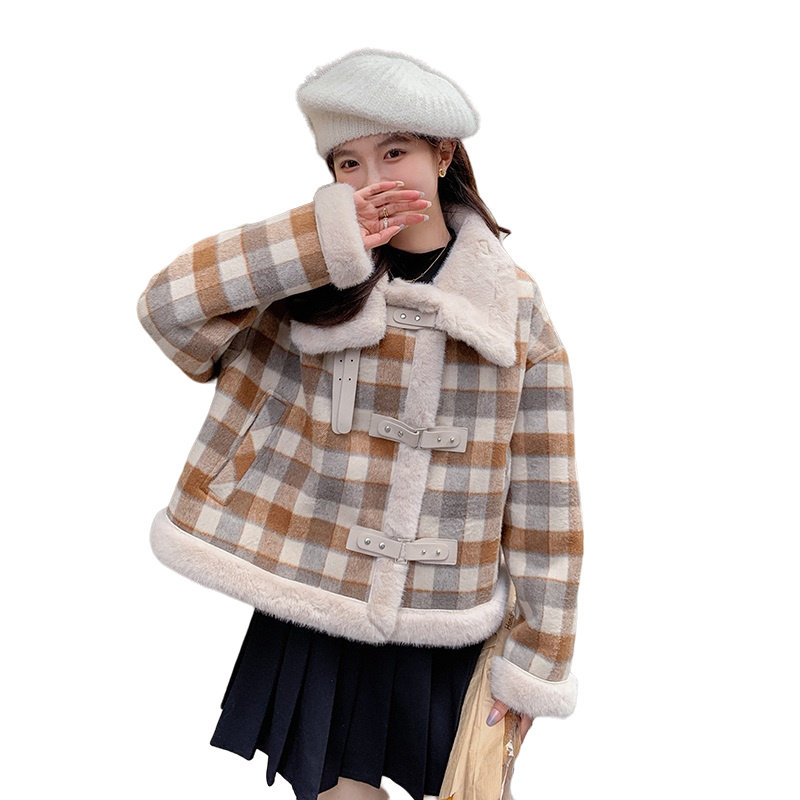 新品格子皮毛一体短款外套2531-P195-K288,女装派克服,2C159