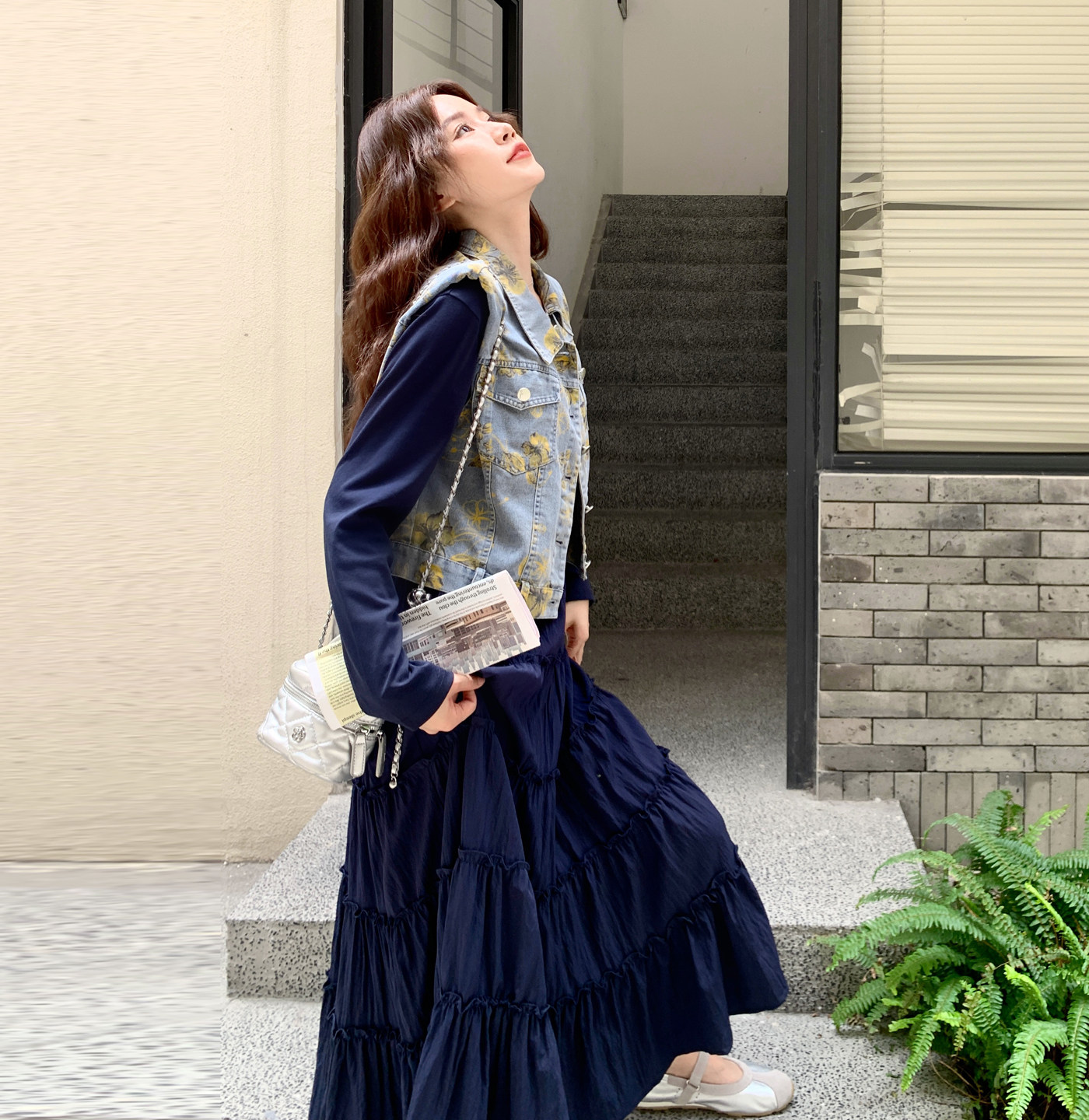 牛仔印花马甲套装裙女2025秋季新款韩系氛围感穿搭气质长裙两件套,女装套装/套裙,2C266