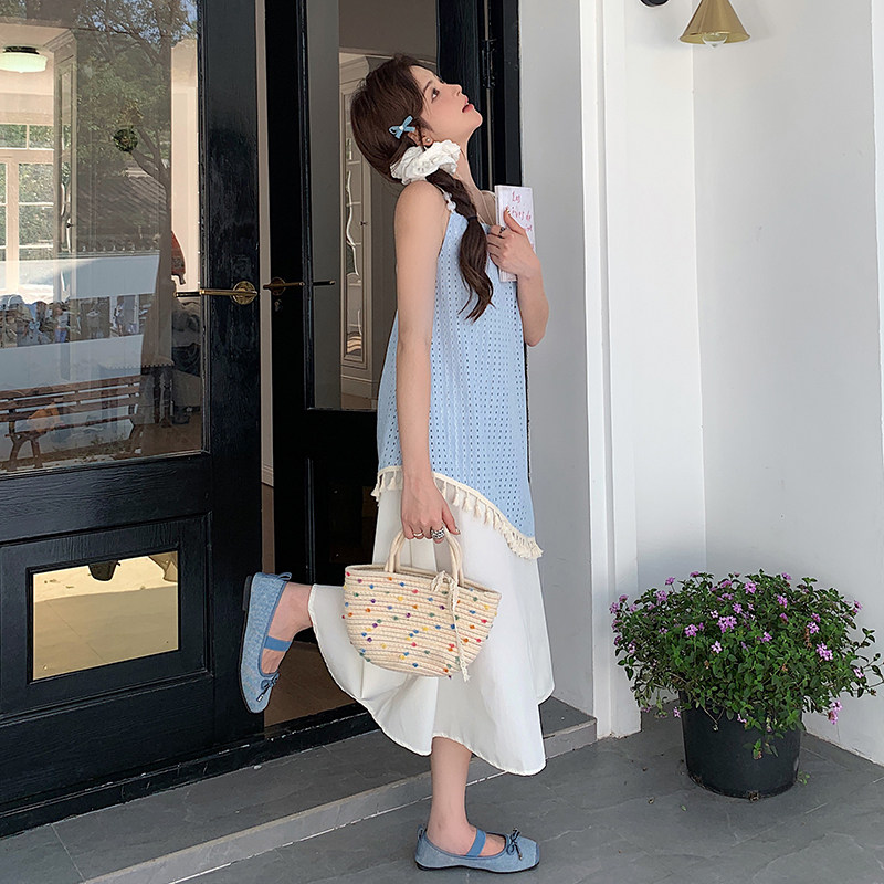 撞色拼接无袖连衣裙女2025夏季新款法式慵懒度假风气质甜美背心裙,女装连衣裙,2C177