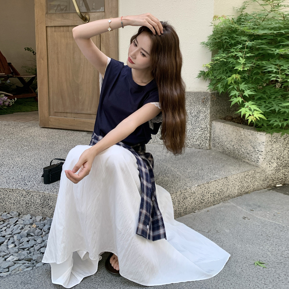宽松背带夏季长裙格子拼接高腰连衣裙法式显瘦时尚,女装连衣裙,2C098