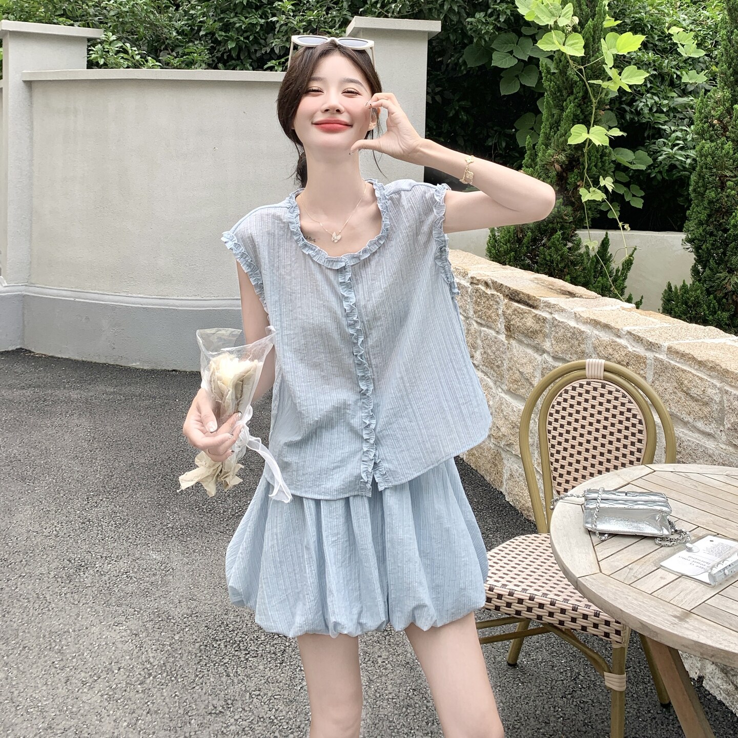 俏皮减龄套装裙女小个子2025夏季新款木耳边马甲花苞半身裙两件套,女装套装/套裙,2C159