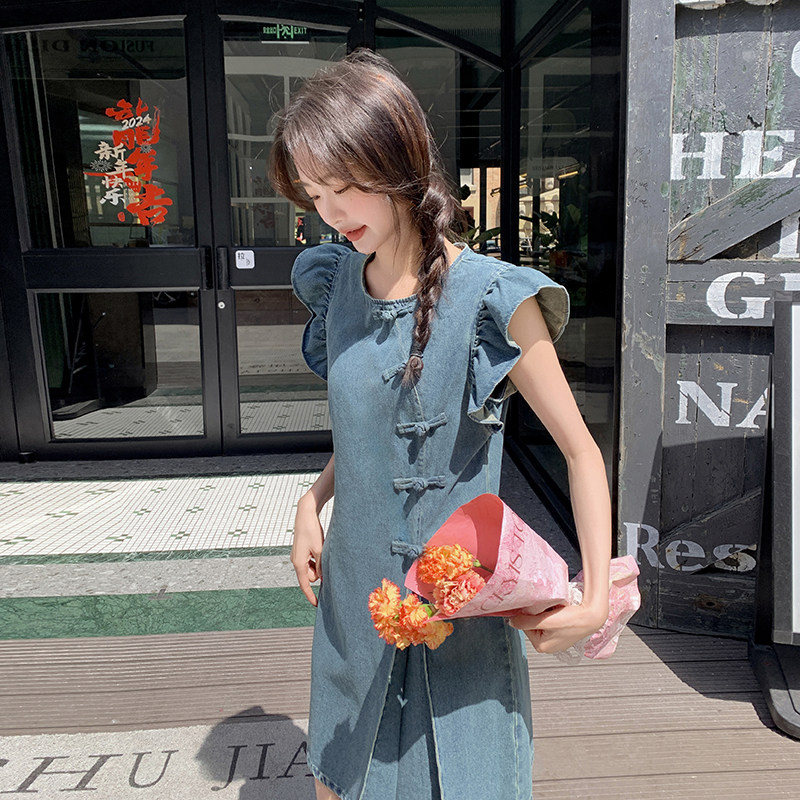 新中式盘扣飞袖牛仔裙女2025夏季新款设计感复古国风气质甜美裙子,女装连衣裙,2C057