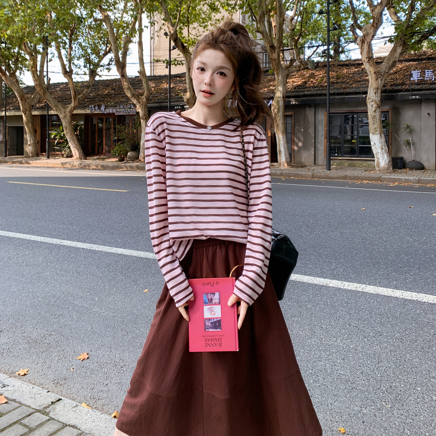 小个子条纹长袖T恤披肩套装裙女2025秋季新款松弛感半身裙三件套,女装套装/套裙,2C266