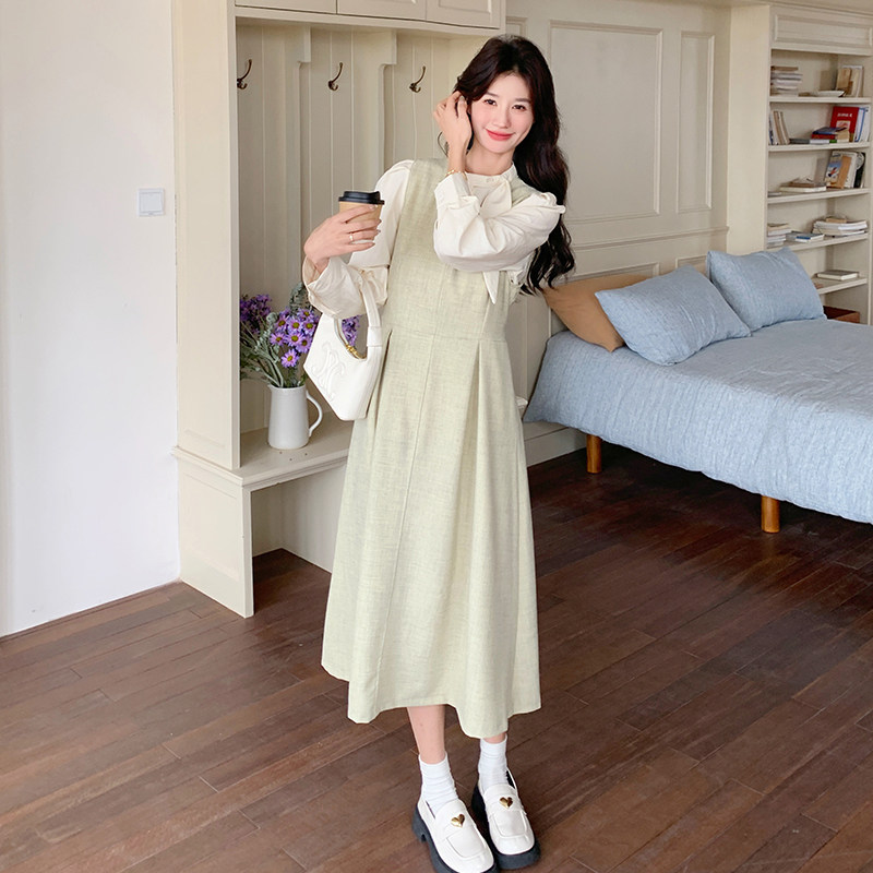 法式撞色拼接假两件套连衣裙女2025春秋新款气质显瘦超火减龄长裙,女装套装/套裙,2D078