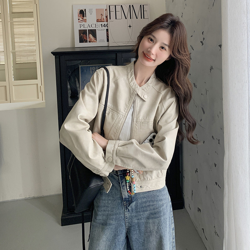 白色短款小皮衣外套女款2025新款春秋高级感小个子修身pu皮夹克,女装皮衣,2C218