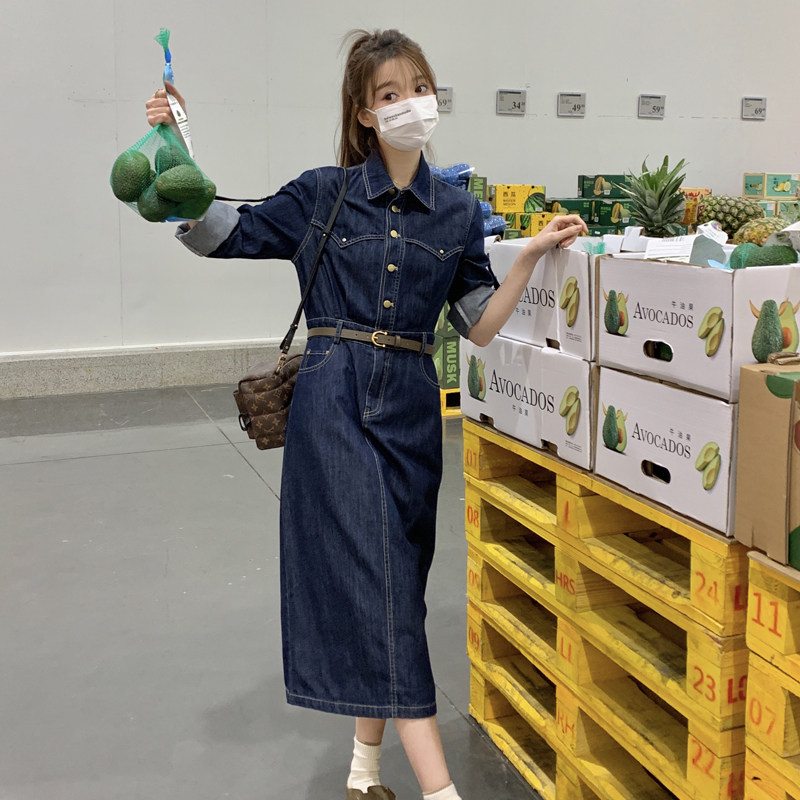 时髦复古牛仔连衣裙女2025春秋新款韩版收腰显瘦小个子百搭衬衫裙,女装连衣裙,2C266