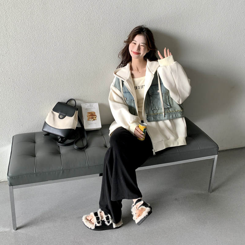 独特超火好看牛仔拼接卫衣外套女开春2025韩系慵懒小众宽松bf上衣,女装风衣,2C266