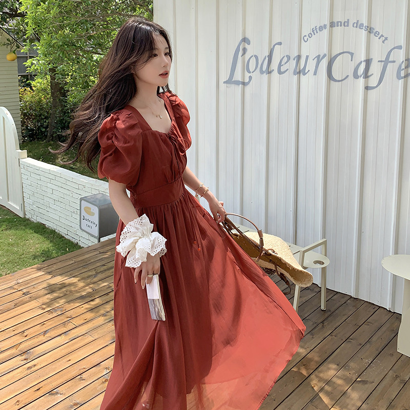 现货法式酒红色泡泡袖夏新款连衣裙2C087-830-P125-K178,女装连衣裙,2C087