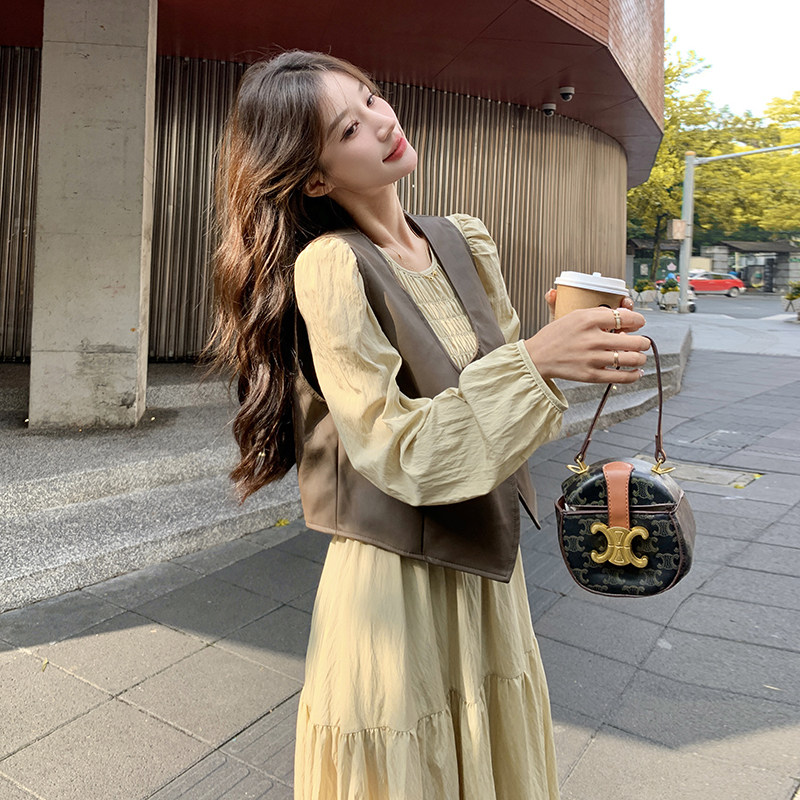 学院风皮衣马甲连衣裙套装女2025秋季新款复古长袖圆领长裙两件套,女装套装/套裙,2C203