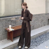 美拉德复古气质套装女春秋新款高级感时尚衬衫吊带阔腿裤三件套潮，女装套装/套裙，2C375