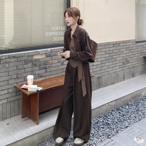 美拉德复古气质套装女春秋新款高级感时尚衬衫吊带阔腿裤三件套潮图片