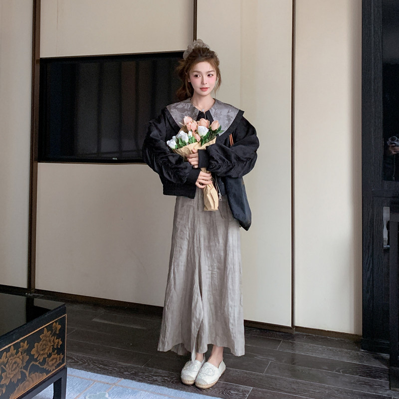 黑色新中式国风提花短外套女秋季2025新款超好看印花休闲减龄夹克,女装短外套,2C266