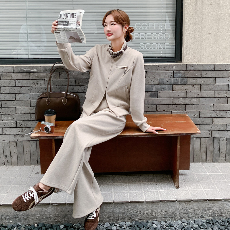 淡人慵懒风卫衣套装女2025冬新款宽松立领抽绳上衣阔腿长裤两件套,女装套装/套裙,2D034