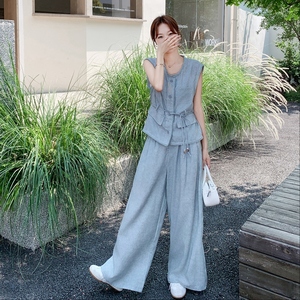 韩系休闲蓝灰色套装女2025夏新款高级松弛感穿搭马甲阔腿裤两件套图片