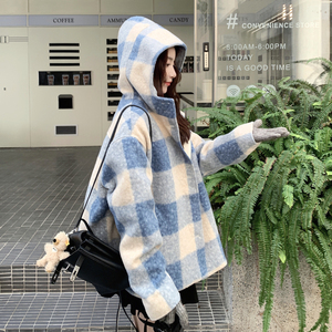 蓝色格纹拼接连帽圈圈毛呢大衣2025冬季日系新款甜美宽松chic外套图片