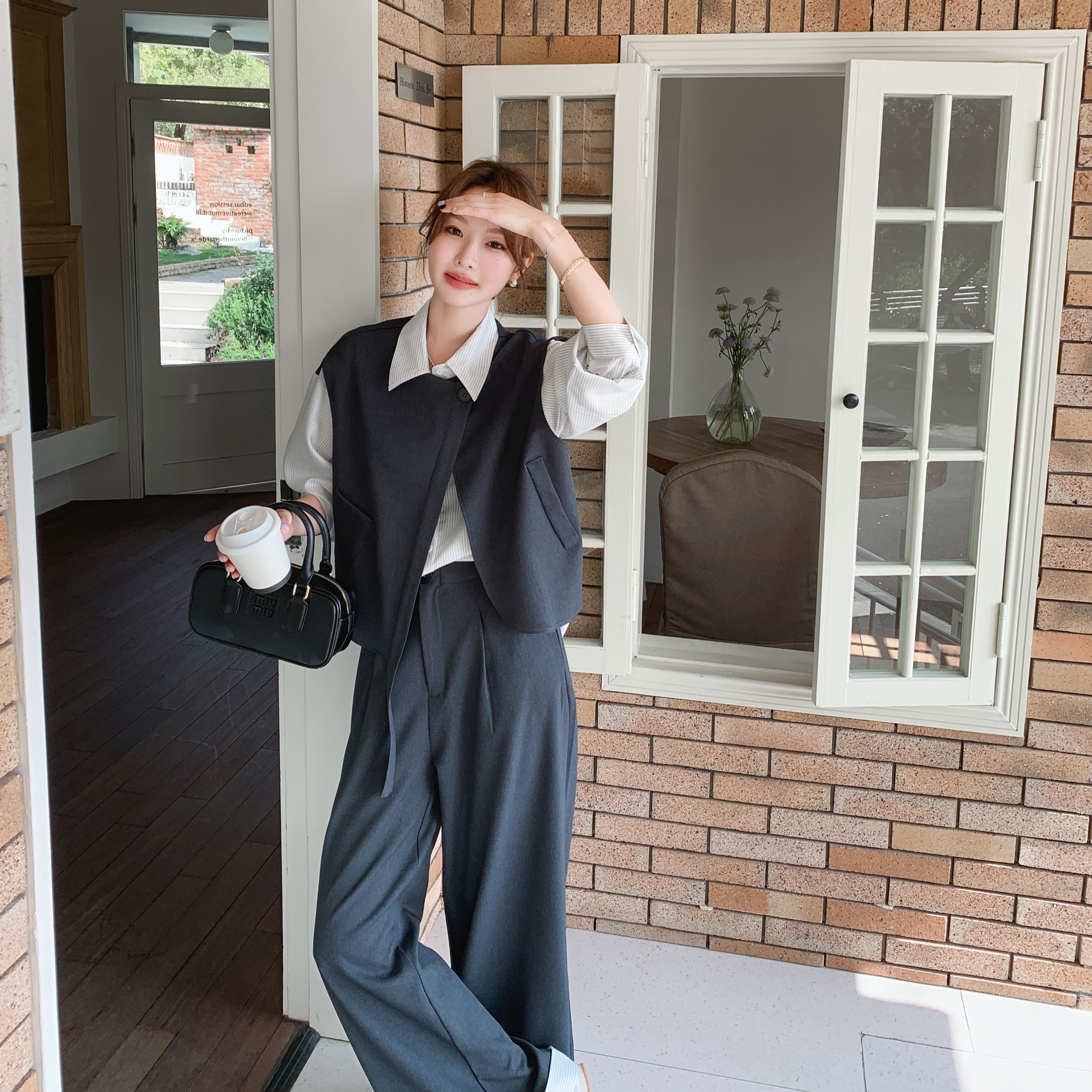 深灰色假两件拼接衬衫穿搭女2025秋季高级感时尚休闲阔腿裤一整套,女装套装/套裙,2C068