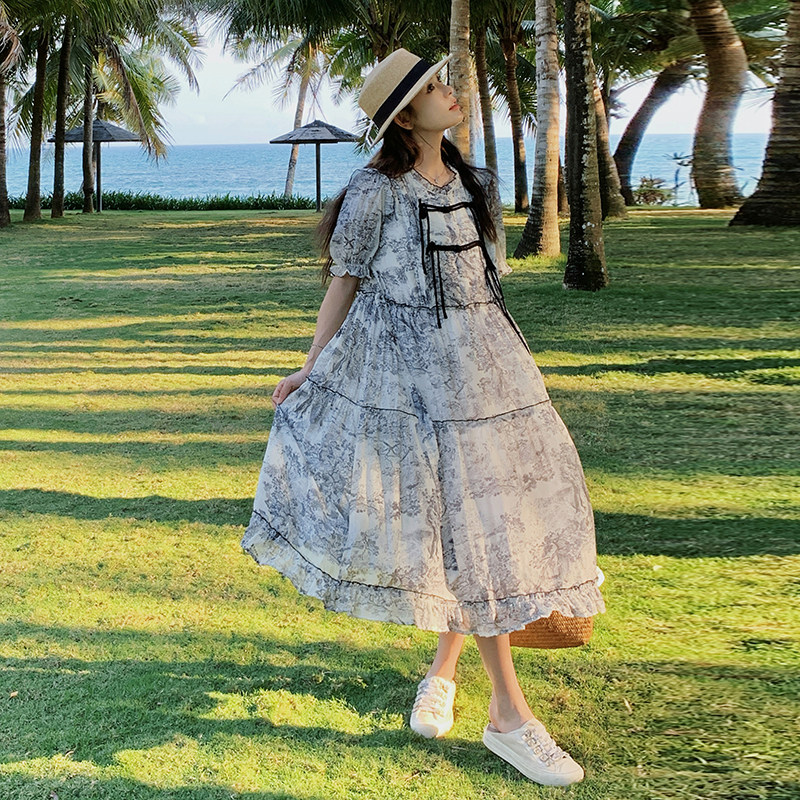 主推【大货】风水墨画木耳边连衣裙C110-H1117-P125-K188,女装连衣裙,2C110