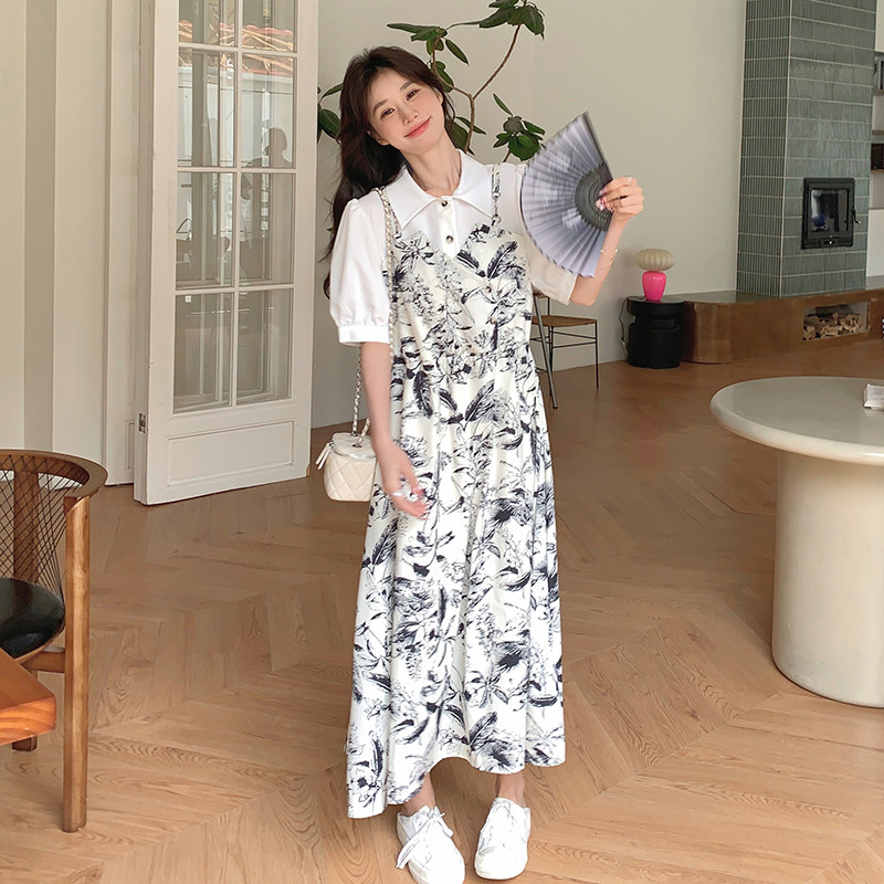 国风碎花新中式连衣裙女夏2024新款假两件吊带衬衫裙水墨画气质,女装连衣裙,2C018