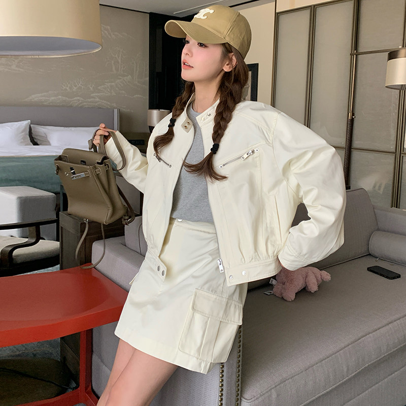 附买家秀复古白色高级感工装夹克外套+半身裙套装330P175K238,女装短外套,2C075