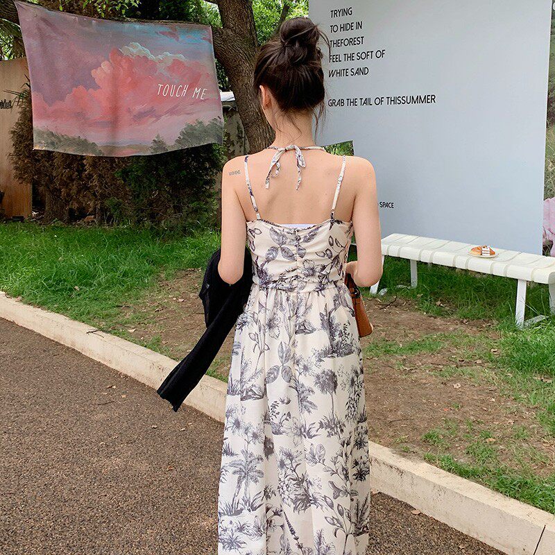 水墨画V领高腰天丝吊带裙沙滩裙2C029,女装连衣裙,2C029