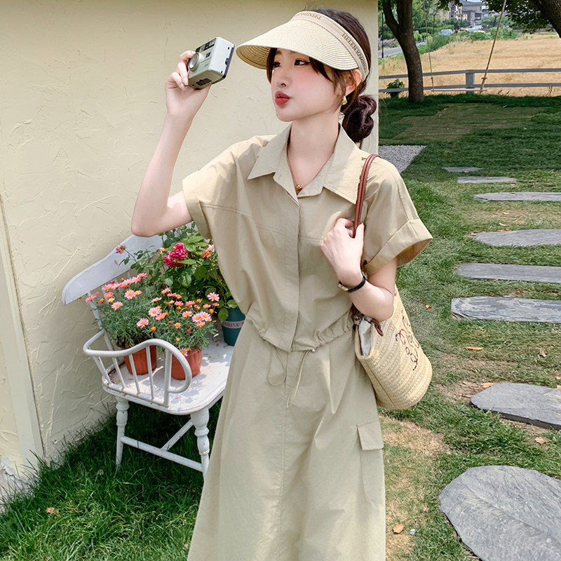 卡其色休闲设计感两件套连衣裙女夏季新款韩系松弛感通勤A字裙,女装套装/套裙,2C166