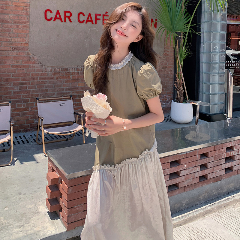 小众设计撞色不规则连衣裙女夏2025年新款法式别致绝美泡泡袖长裙图片