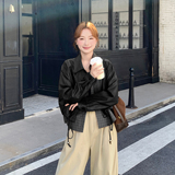 黑色格纹拼接皮衣女2025秋季新款韩版高级感洋气减龄短款PU皮夹克，女装皮衣，2C126