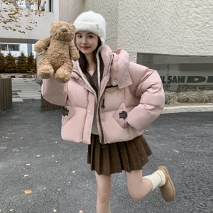 甜美粉色短款连帽羽绒服外套女入冬2025新款设计轻薄白鸭绒面包服图片