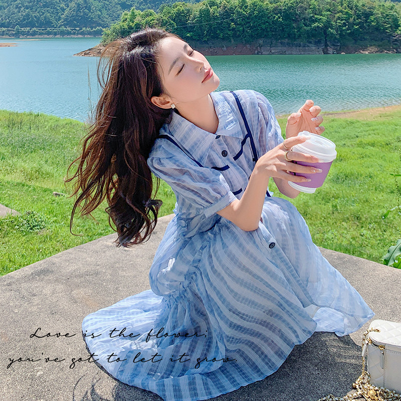 蓝色条纹衬衫连衣裙女2025夏季新款设计感小众宽松减龄小个子裙子,女装连衣裙,2C018