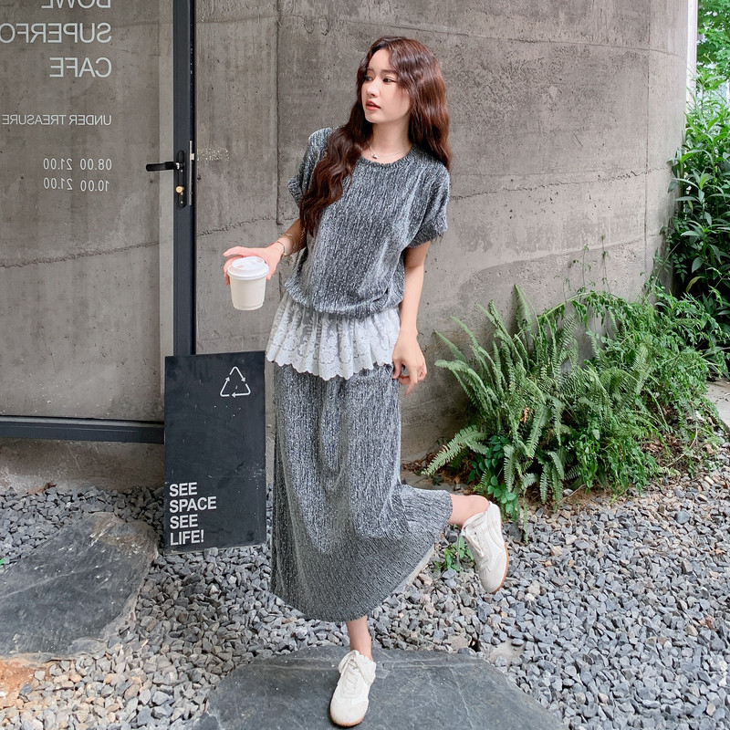法式蕾丝拼接休闲上衣半身裙两件套女2025年夏季新款休闲显瘦套装,女装套装/套裙,2C275