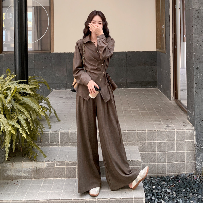 咖色复古不规则系带收腰衬衫套装女2025秋老钱风气质阔腿裤两件套,女装套装/套裙,2C092