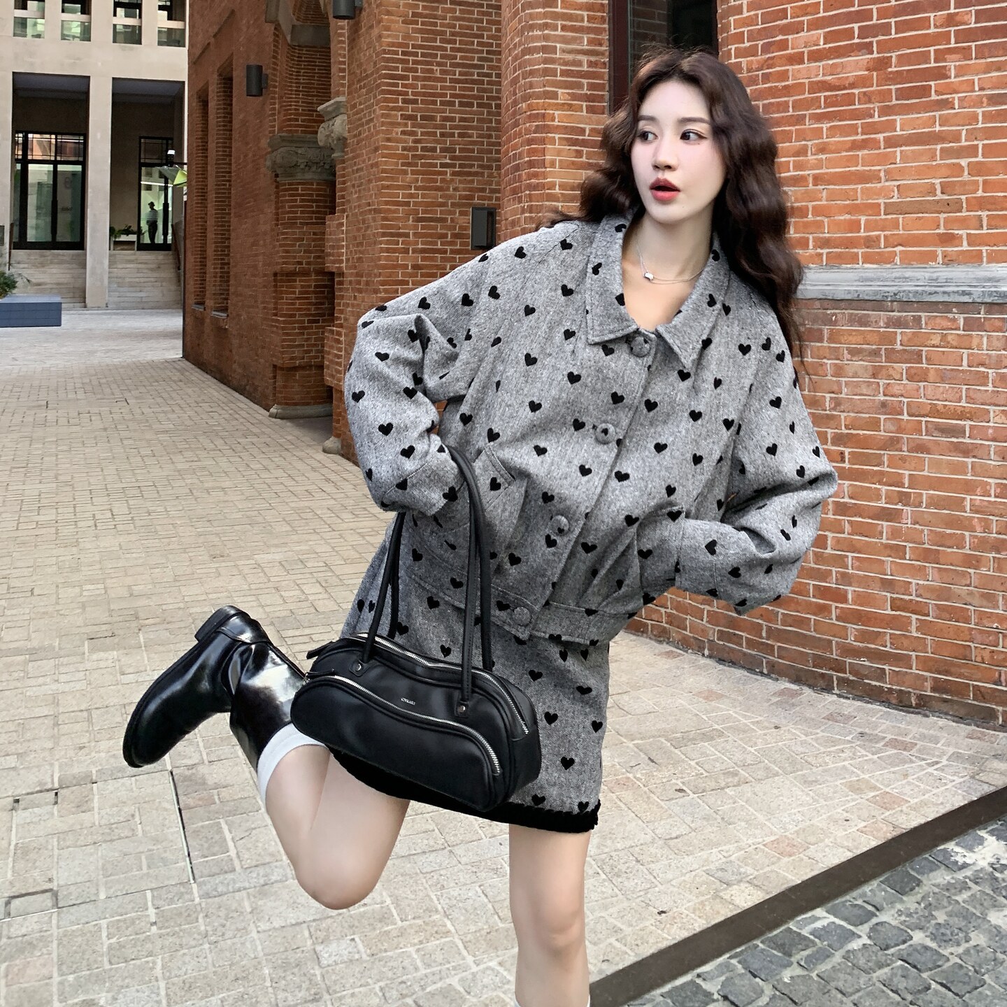 灰色碎花毛呢外套半身裙套装女秋冬2025新款超火小个子两件套爆款,女装套装/套裙,2C177