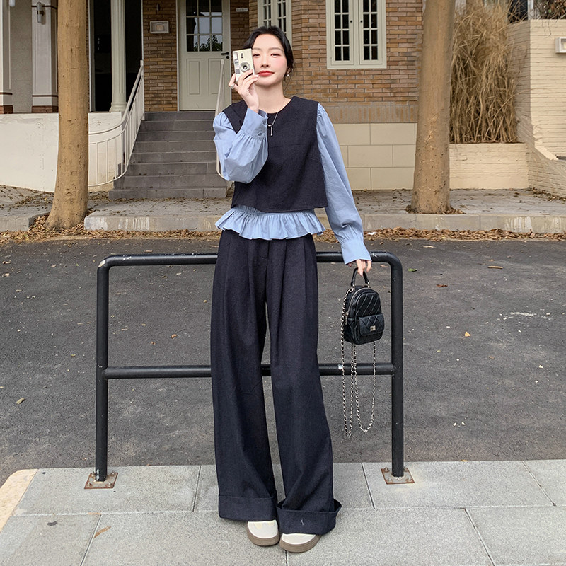 超火盐系穿搭藏青色小香风套装女春秋2025新款假两件阔腿裤两件套,女装套装/套裙,2C203