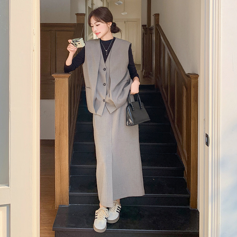 设计感灰色西装马甲套装裙女2025春季新款轻熟风气质半身裙两件套,女装套装/套裙,2C139