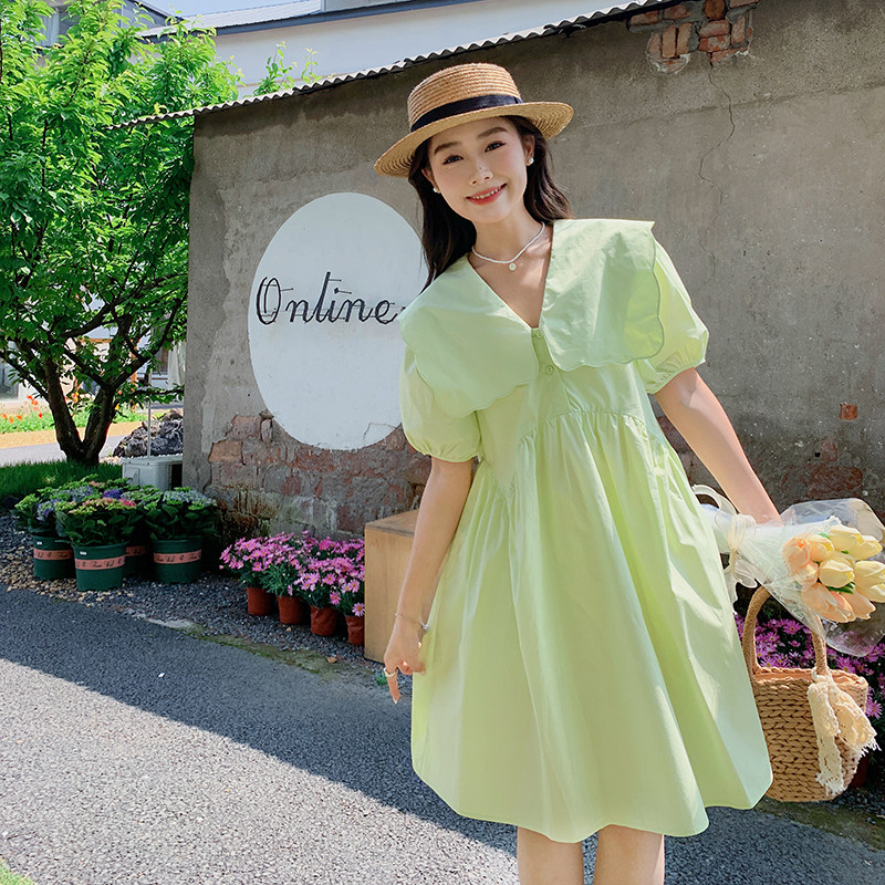 法式纯色娃娃领连衣裙女夏季2025新款时尚设计感宽松绿色娃娃裙女,女装连衣裙,2C372