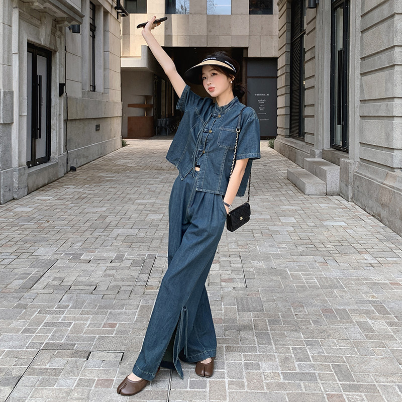 新品新中式牛仔盘扣衬衫阔腿裤套装2582-P145-K218,女装套装/套裙,2C159