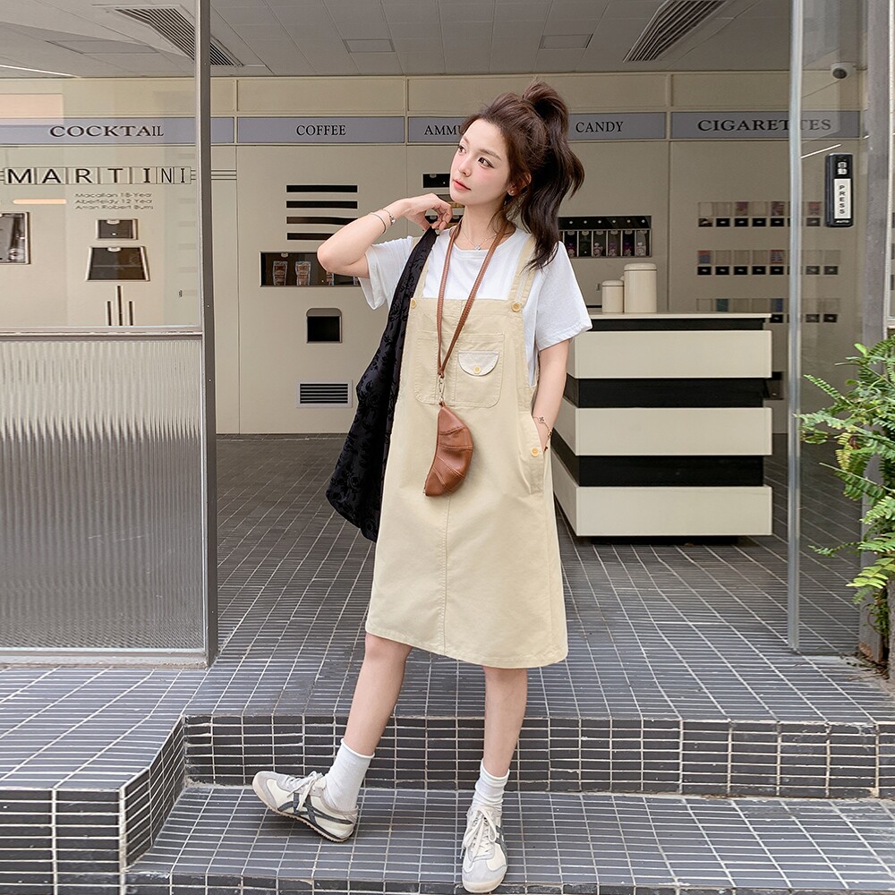 2025夏季新款韩版宽松显瘦百搭休闲短袖T恤+背带裙两件套套装女,女装套装/套裙,2C166