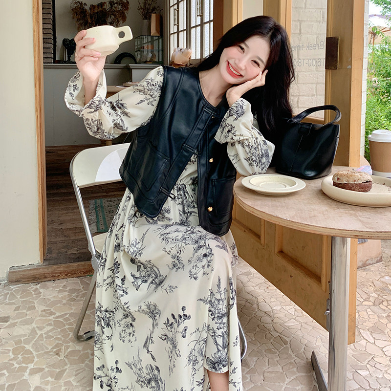 以下大货！新中式皮马甲搭水墨画长款连衣裙P155-K218,女装套装/套裙,2C299