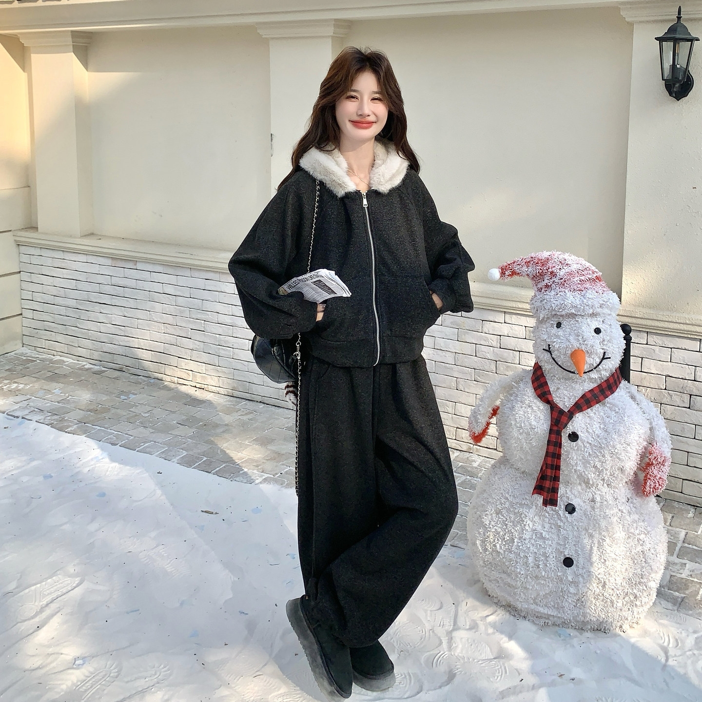 韩系慵懒风毛领连帽卫衣套装女冬季加绒加厚两件套休闲运动套装,女装套装/套裙,2C166