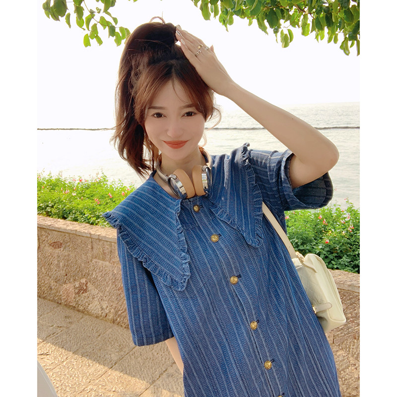 现货：夏装新款宽松休闲提花大翻领牛仔连衣裙2C135-2351P120K178图片
