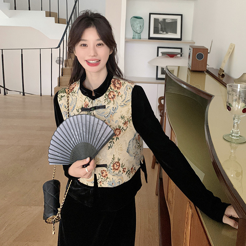 新中式刺绣马甲黑色丝绒连衣裙套装女春季2025新款气质高端两件套,女装套装/套裙,2C098