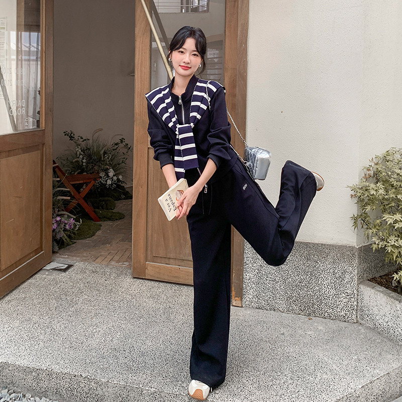 韩系套装女2025秋季新款一整套穿搭条纹披肩卫衣外套阔腿裤两件套,女装套装/套裙,2C277