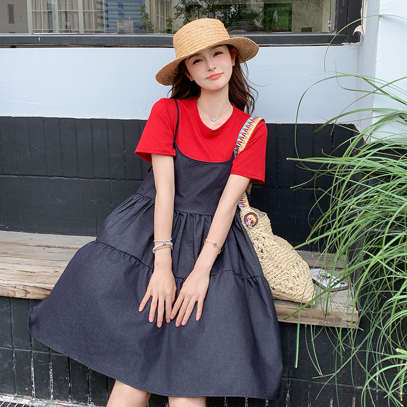 现货款号7729T恤牛仔吊带裙套装P145K218,女装套装/套裙,2D043
