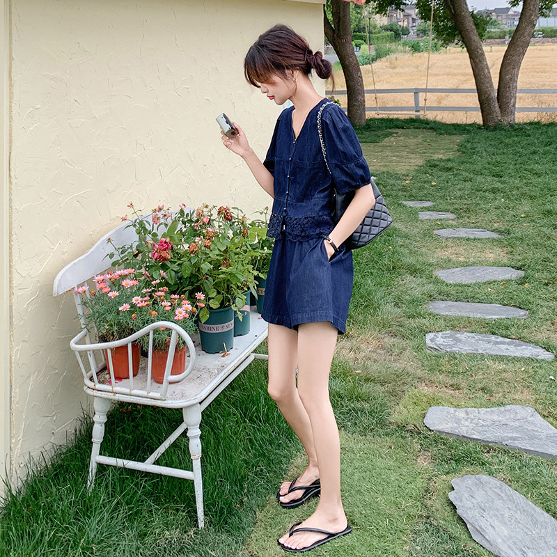 小香风牛仔套装裤女夏薄2025新款流行高级松弛感冷淡风高腰短裤,女装套装/套裙,2C166