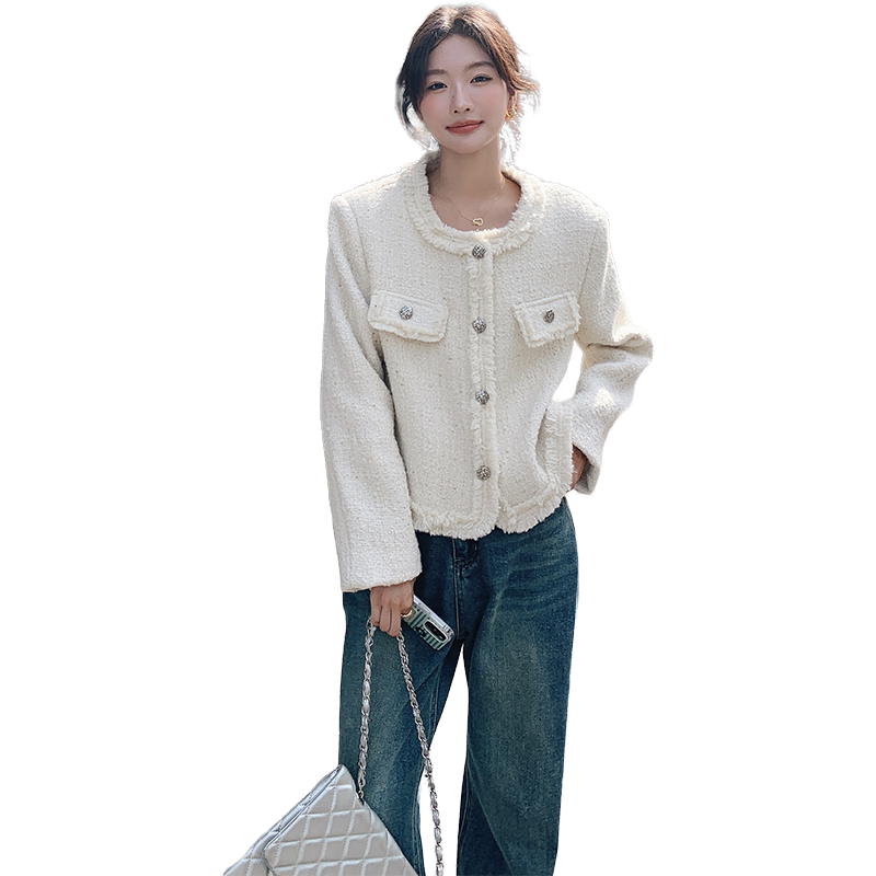 米白色小香风外套女小个子2024春秋新款高级感小子气质名媛短上衣,女装毛呢外套,2C299