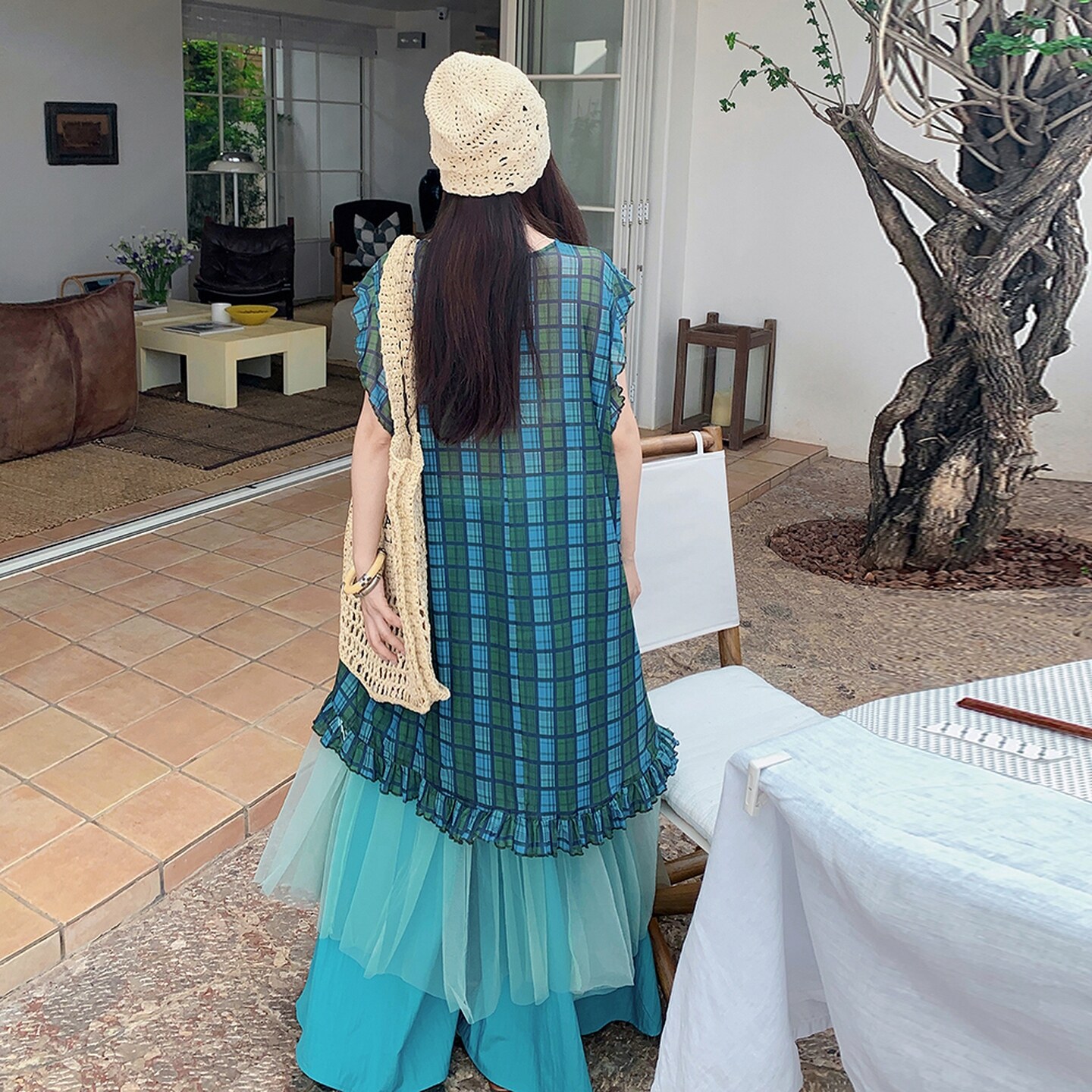 绿色木耳边格子无袖连衣裙叠穿阔腿裤两件套女夏网纱小众不撞款,女装连衣裙,2D008