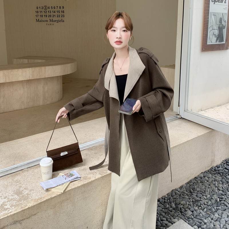 pu皮拼接格子毛呢大衣女秋季2025年小个子收腰高级感时髦气质外套图片