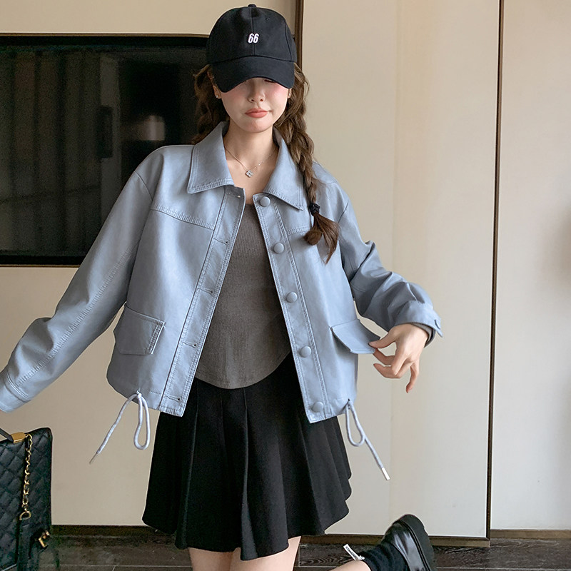 2025年春季新款浅蓝色皮衣夹克短外套女韩版高级感机车服百搭上衣,女装皮衣,2C233