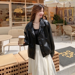 复古美式黑色短款机车服外套女春秋超火好看高级小众皮衣夹克上衣图片