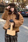 时尚棕色麂皮绒皮毛一体短款上衣P195，女装棉衣/棉服，2C291